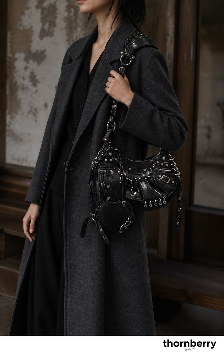Pierced stud crescent shoulder bag for subtle gothic styling